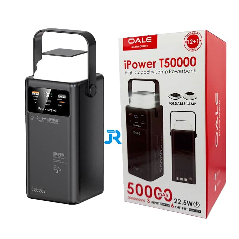 پاوربانک OALE مدل T50000 با ظرفیت 50000mAh توان 22.5 وات و نمایشگر LCD + چهار کابل سرخود